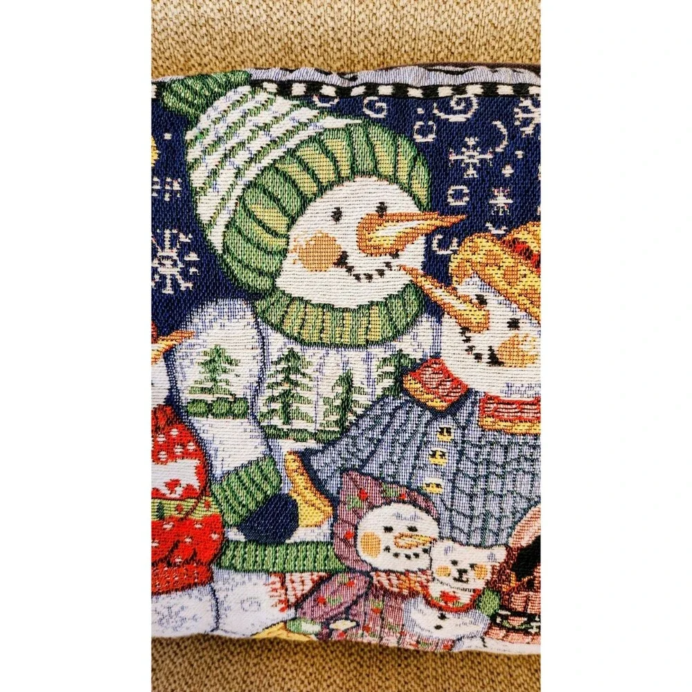Holiday Tapestry Snowman Family Pillow Blue 12x18 Welcome Winter Decorative